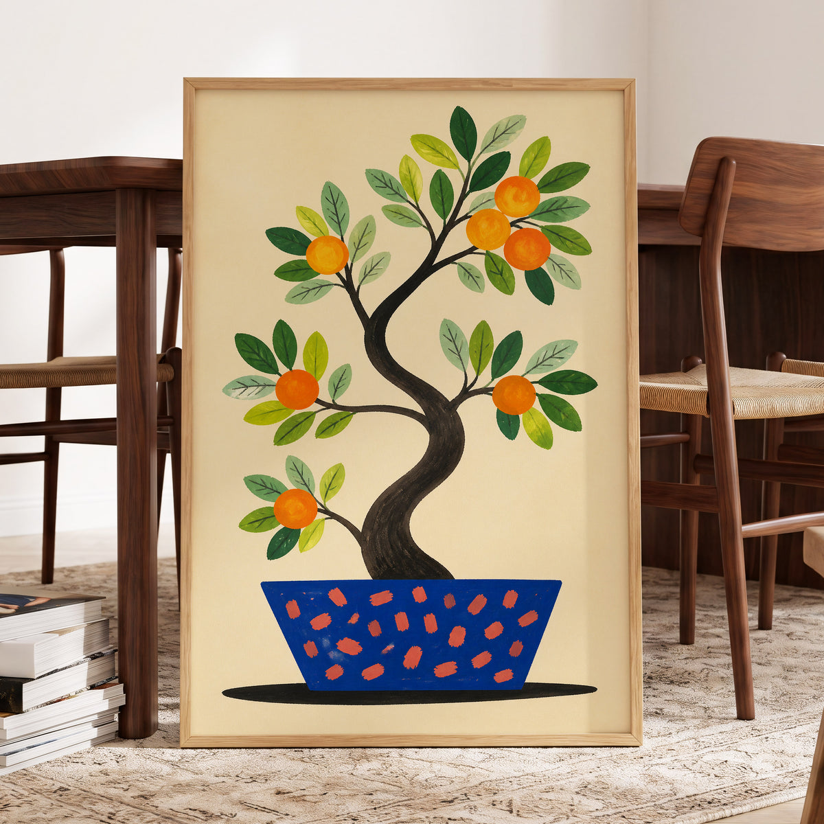 Citrus in Cobalt, orange, green, blue nature wall art displayed in a styled interior, gallery view 2