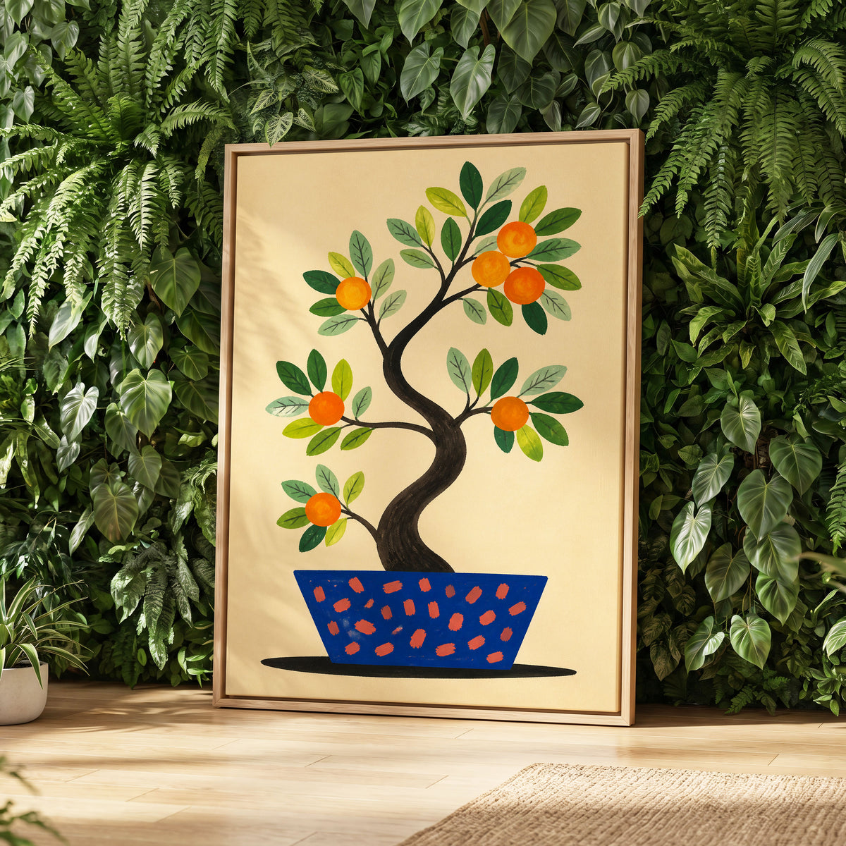Citrus in Cobalt, orange, green, blue nature wall art displayed in a styled interior, gallery view 4