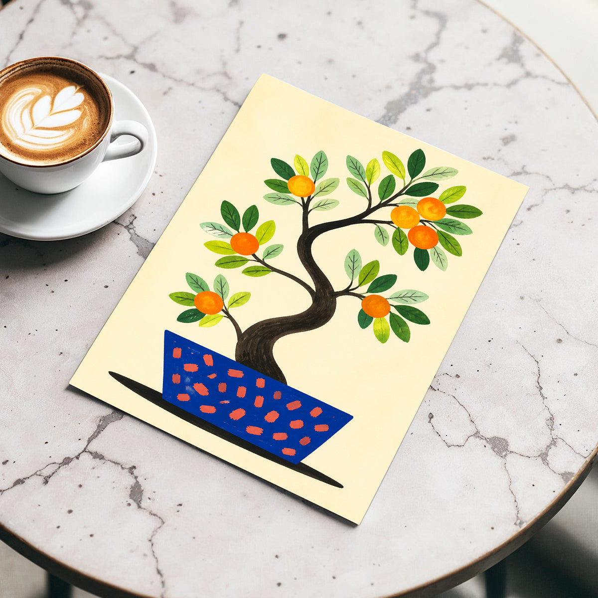 Citrus in Cobalt, orange, green, blue nature wall art displayed in a styled interior, gallery view 5