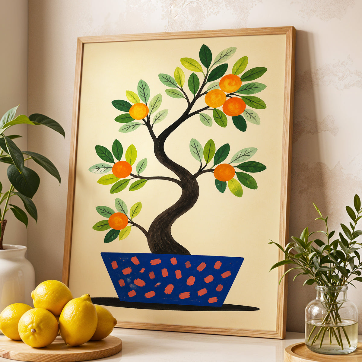 Citrus in Cobalt, orange, green, blue nature wall art displayed in a styled interior, gallery view 6