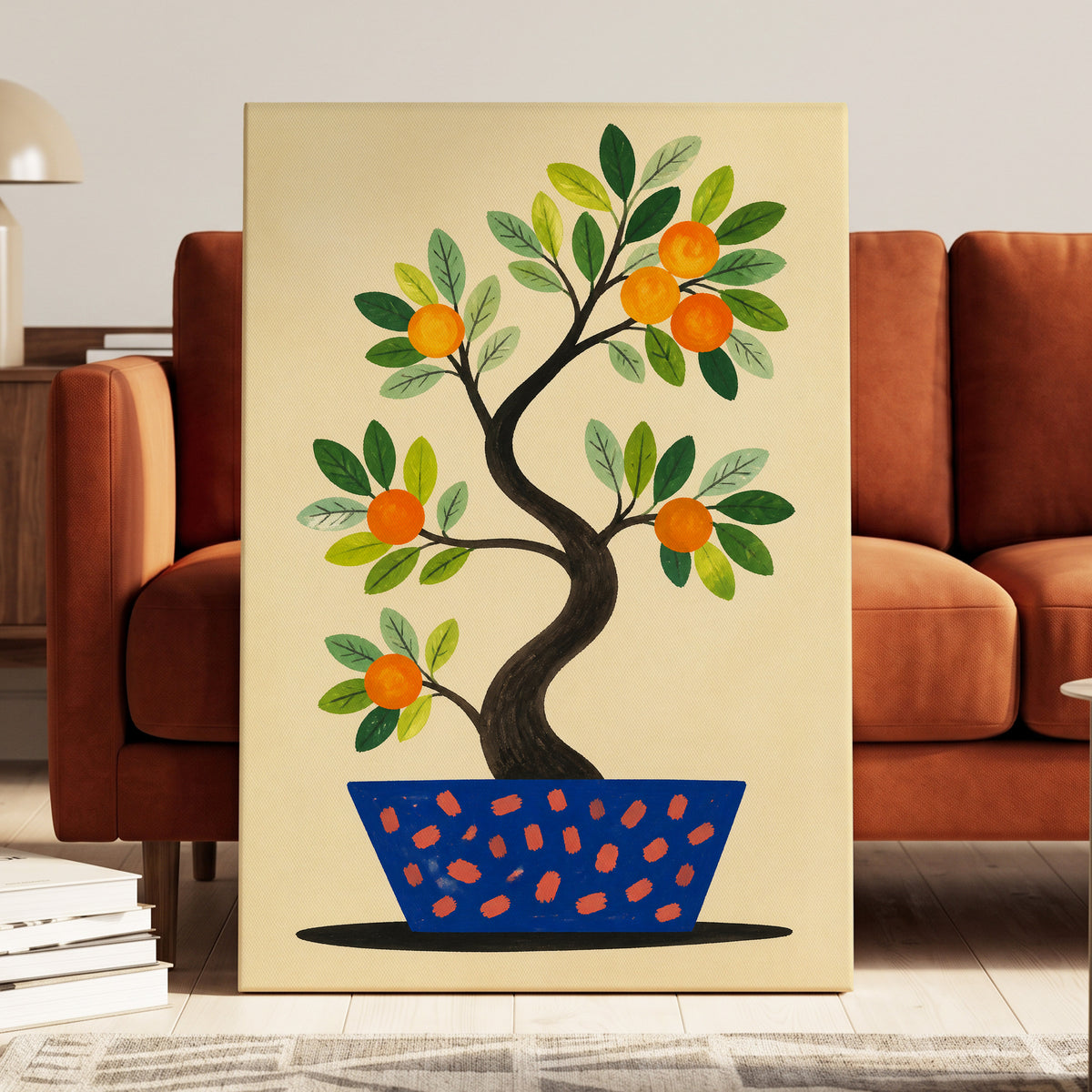 Citrus in Cobalt, orange, green, blue nature wall art displayed in a styled interior, gallery view 7