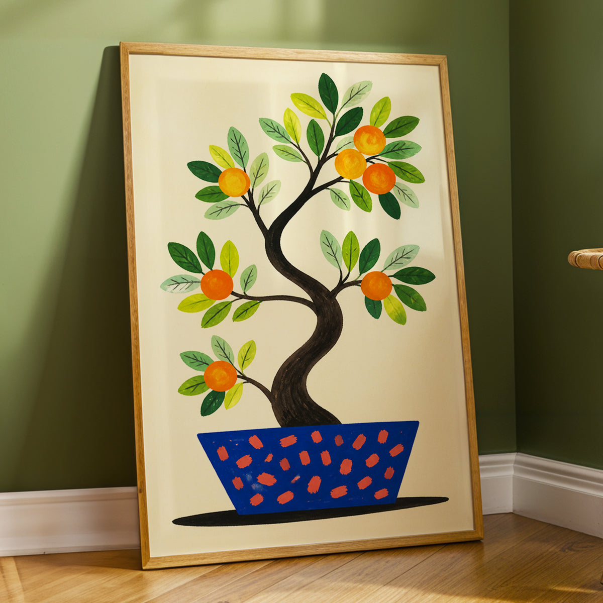 Citrus in Cobalt, orange, green, blue nature wall art displayed in a styled interior, gallery view 9