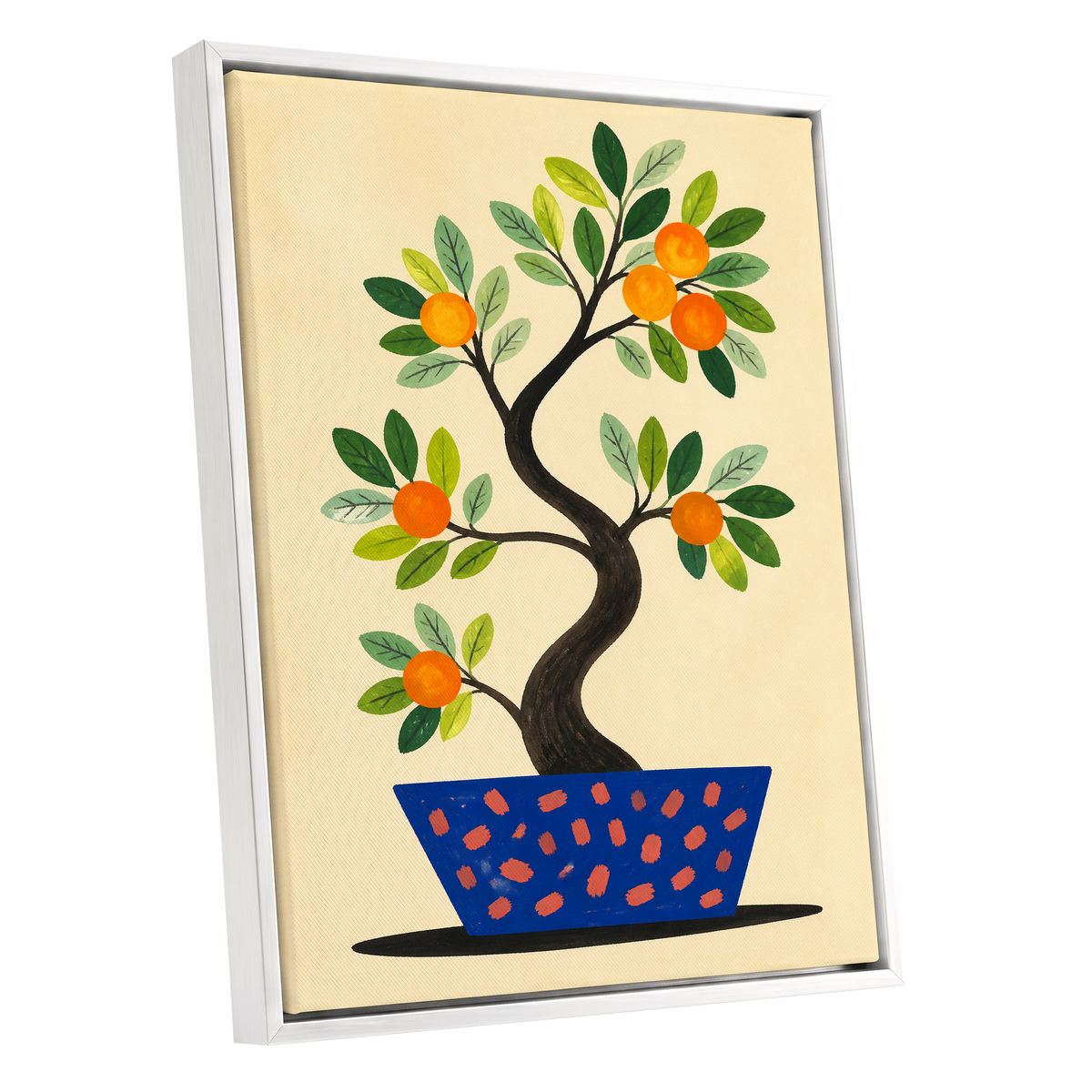 Citrus in Cobalt, orange, green, blue nature wall art shown as a white framed canvas wall art