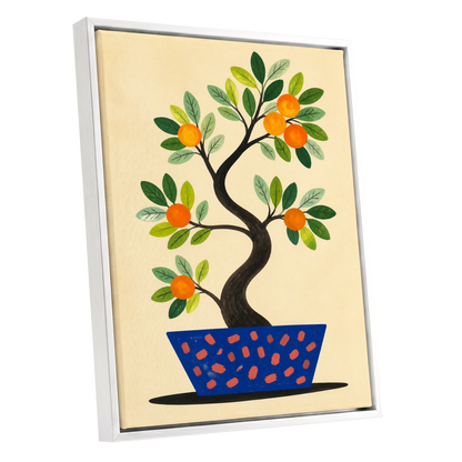Citrus in Cobalt, orange, green, blue nature wall art shown as a white framed canvas wall art