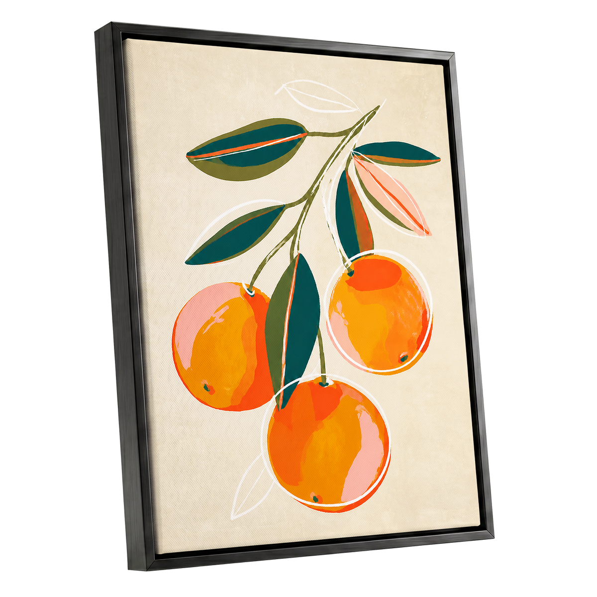 Citrus in Full Colour, orange, green, beige nature wall art shown as a black framed canvas wall art