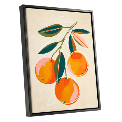 Citrus in Full Colour, orange, green, beige nature wall art shown as a black framed canvas wall art