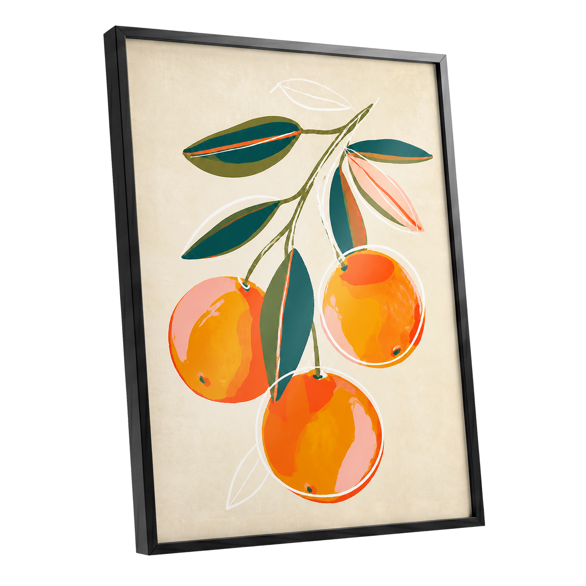 Citrus in Full Colour, orange, green, beige nature wall art shown as a black framed poster wall art print