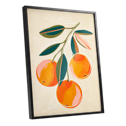 Citrus in Full Colour, orange, green, beige nature wall art shown as a black framed poster wall art print