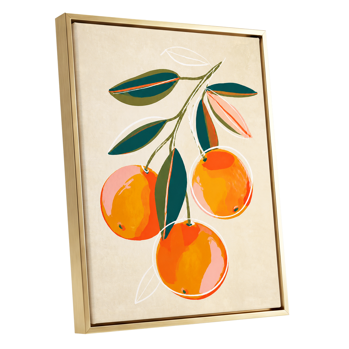 Citrus in Full Colour, orange, green, beige nature wall art shown as a gold framed canvas wall art
