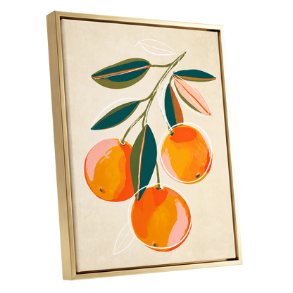 Citrus in Full Colour, orange, green, beige nature wall art shown as a gold framed canvas wall art