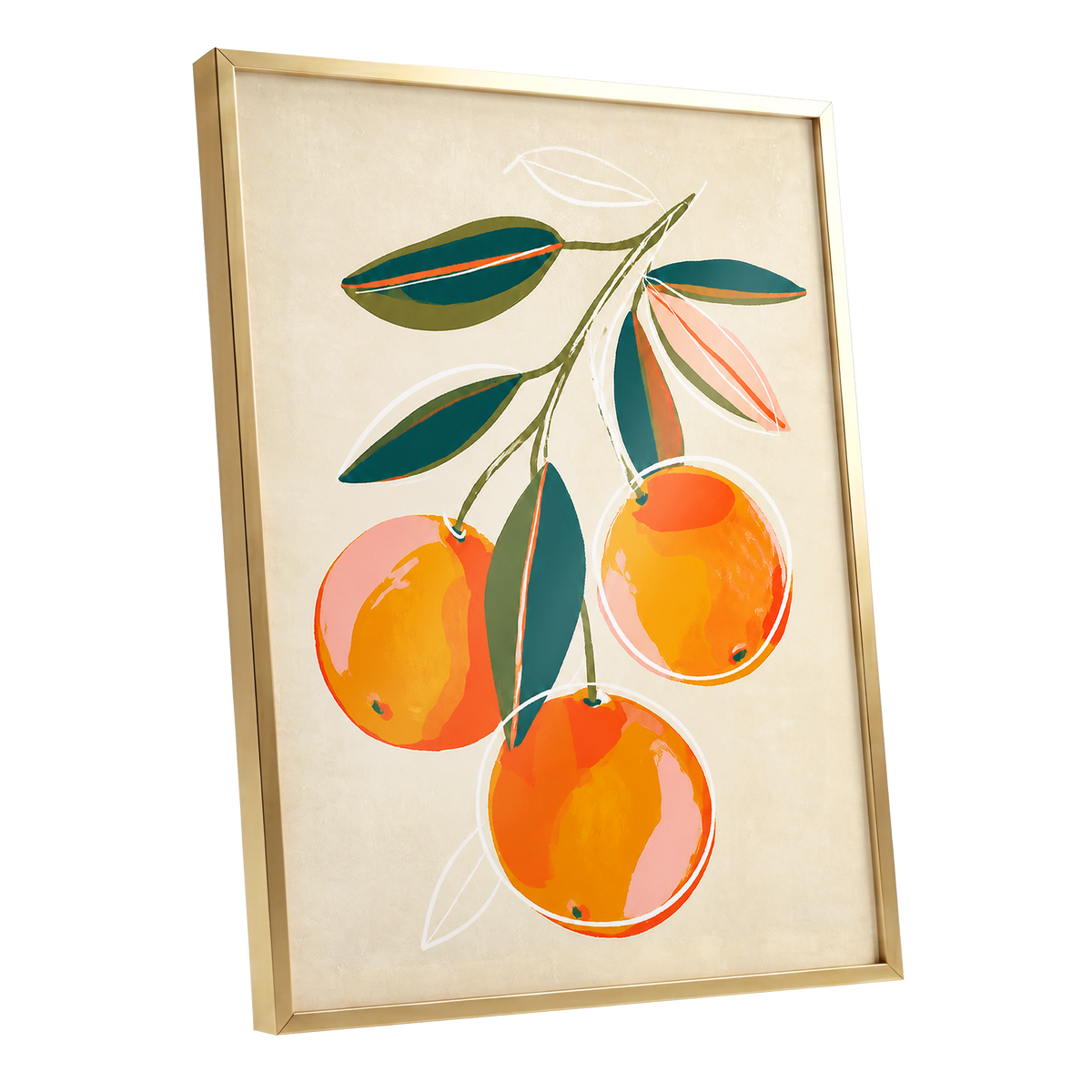 Citrus in Full Colour, orange, green, beige nature wall art shown as a gold framed poster wall art print