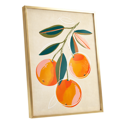 Citrus in Full Colour, orange, green, beige nature wall art shown as a gold framed poster wall art print