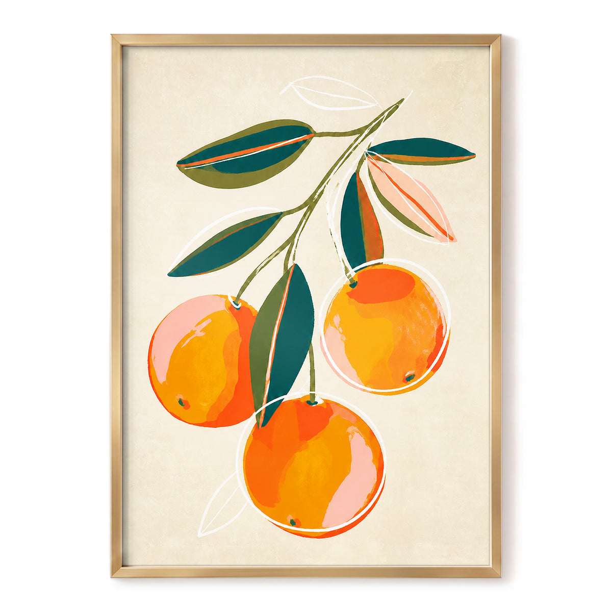 Citrus in Full Colour, orange, green, beige nature wall art, front artwork view