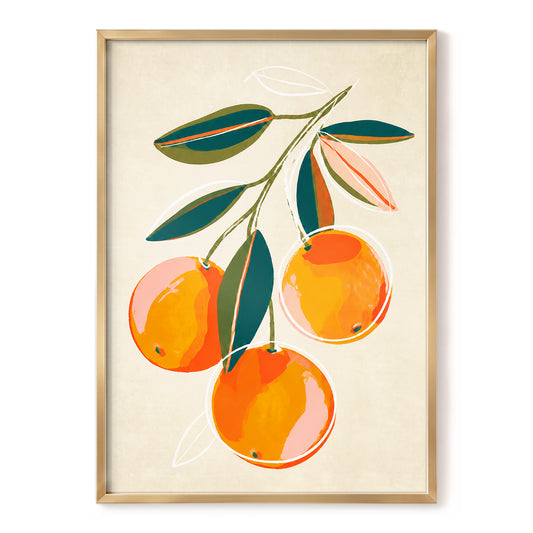 Citrus in Full Colour, orange, green, beige nature wall art, front artwork view