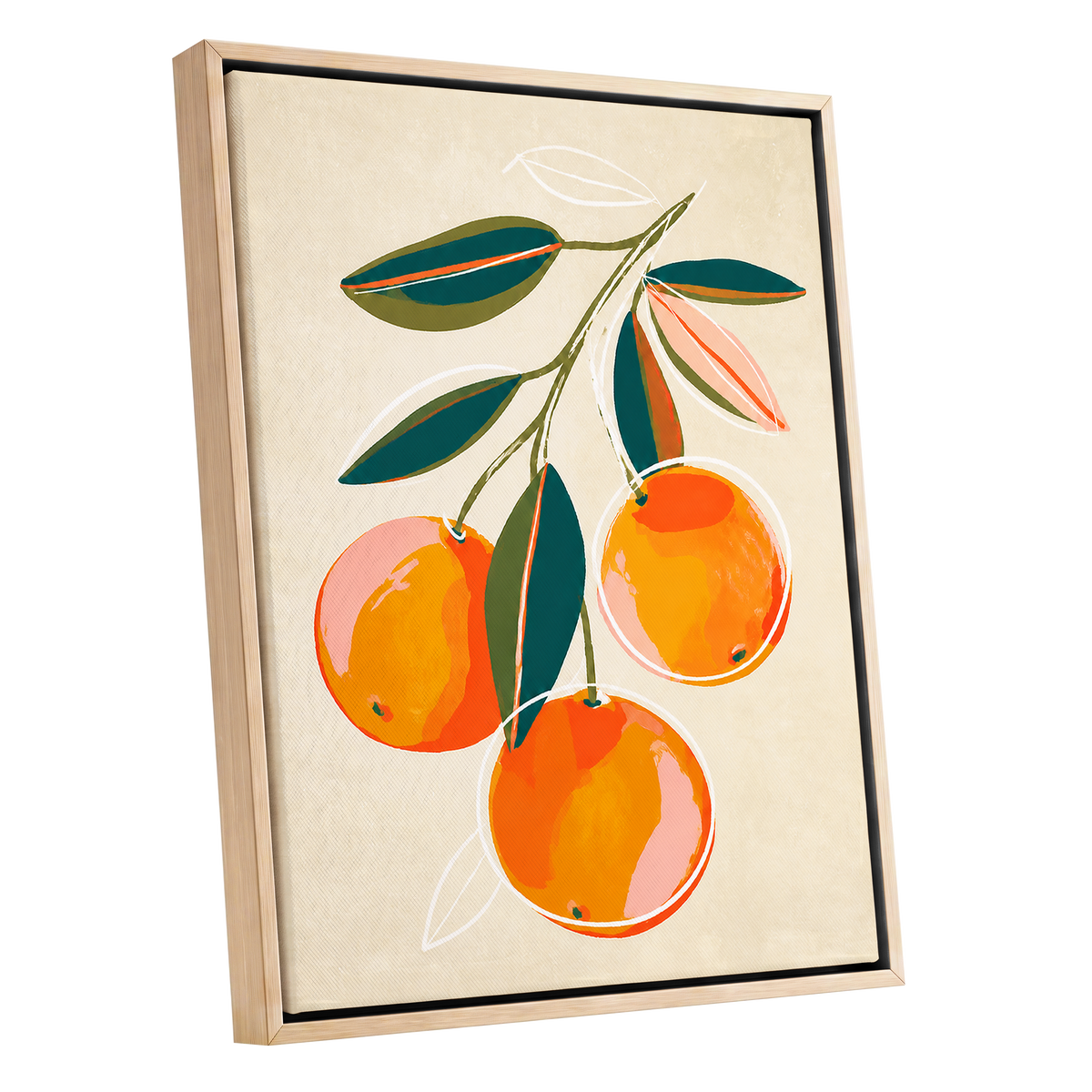 Citrus in Full Colour, orange, green, beige nature wall art shown as a oak framed canvas wall art