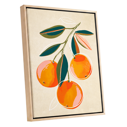 Citrus in Full Colour, orange, green, beige nature wall art shown as a oak framed canvas wall art