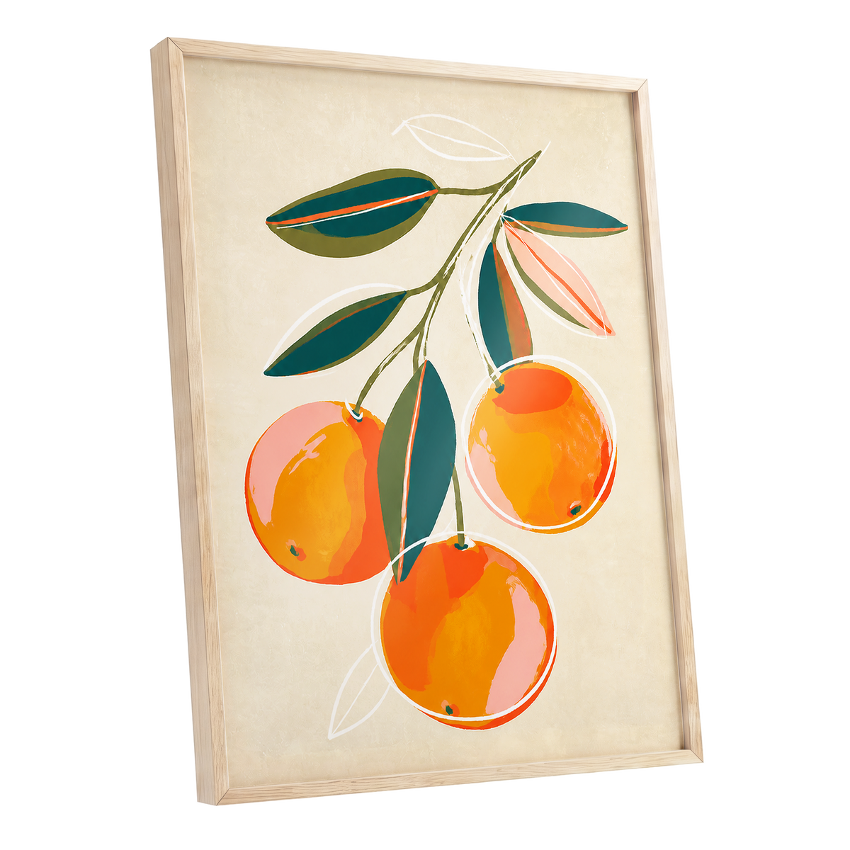 Citrus in Full Colour, orange, green, beige nature wall art shown as a oak framed poster wall art print