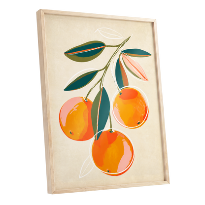 Citrus in Full Colour, orange, green, beige nature wall art shown as a oak framed poster wall art print