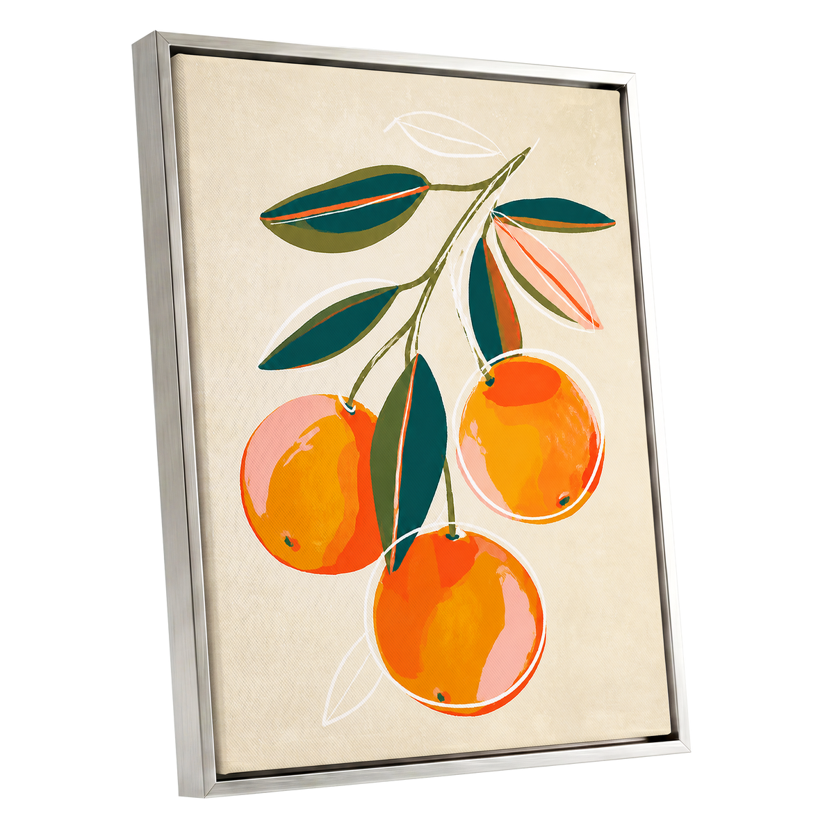 Citrus in Full Colour, orange, green, beige nature wall art shown as a silver framed canvas wall art