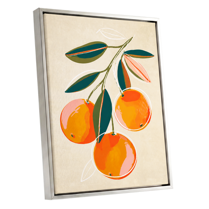 Citrus in Full Colour, orange, green, beige nature wall art shown as a silver framed canvas wall art