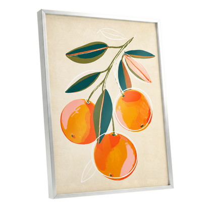 Citrus in Full Colour, orange, green, beige nature wall art shown as a silver framed poster wall art print