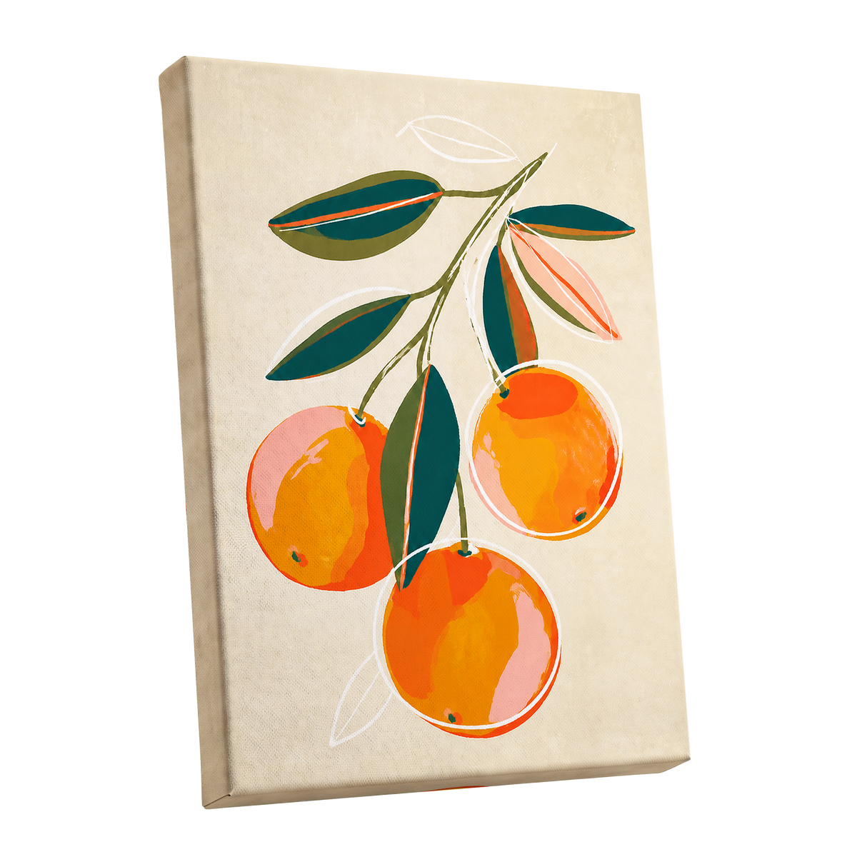 Citrus in Full Colour, orange, green, beige nature wall art shown as a stretched canvas wall art