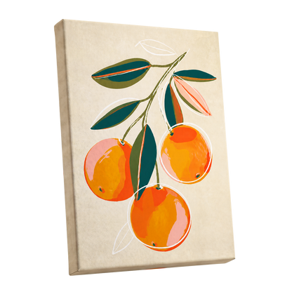 Citrus in Full Colour, orange, green, beige nature wall art shown as a stretched canvas wall art