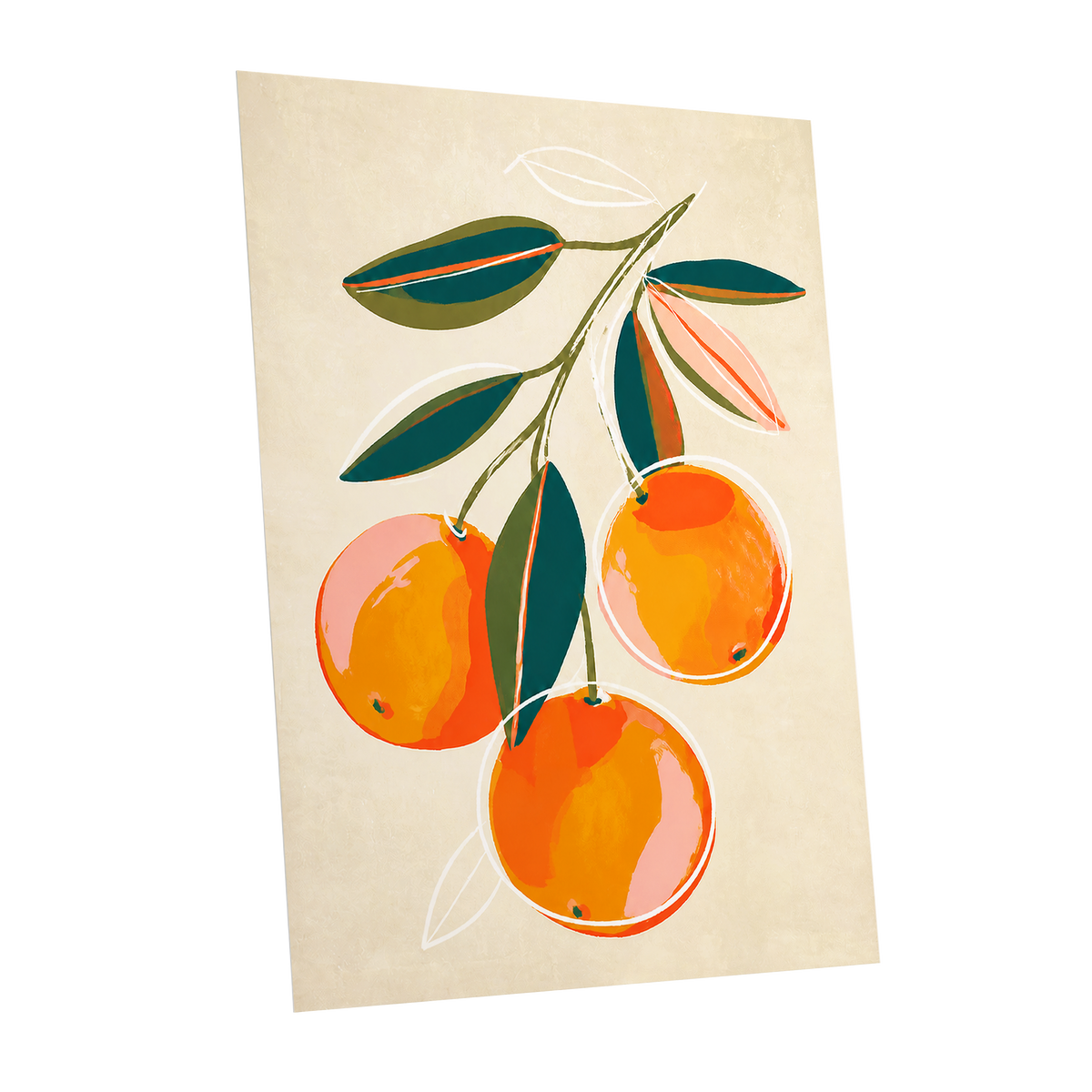 Citrus in Full Colour, orange, green, beige nature wall art shown as a unframed poster wall art print