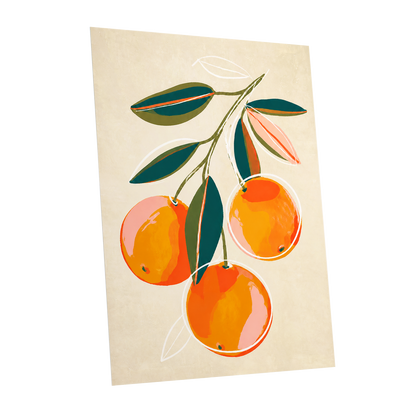Citrus in Full Colour, orange, green, beige nature wall art shown as a unframed poster wall art print