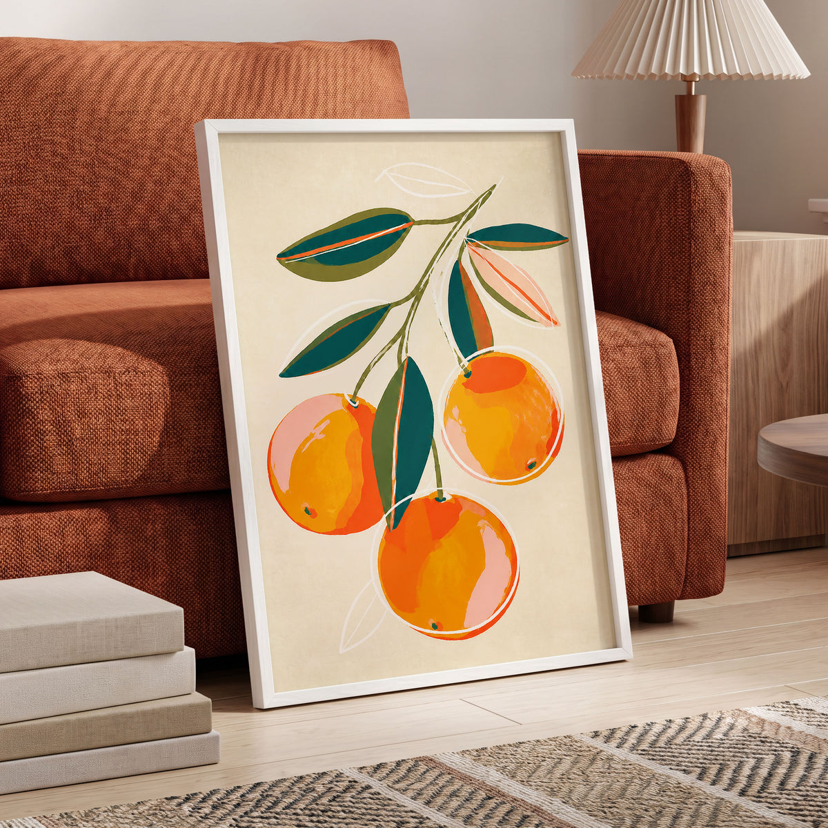 Citrus in Full Colour, orange, green, beige nature wall art displayed in a styled interior, gallery view 2