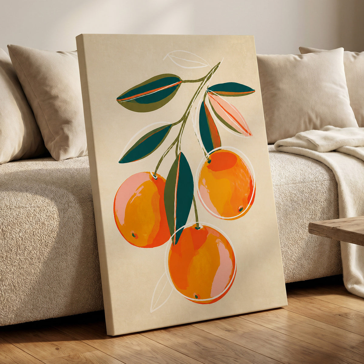 Citrus in Full Colour, orange, green, beige nature wall art displayed in a styled interior, gallery view 3