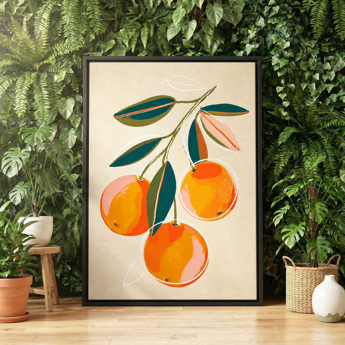 Citrus in Full Colour, orange, green, beige nature wall art displayed in a styled interior, gallery view 4