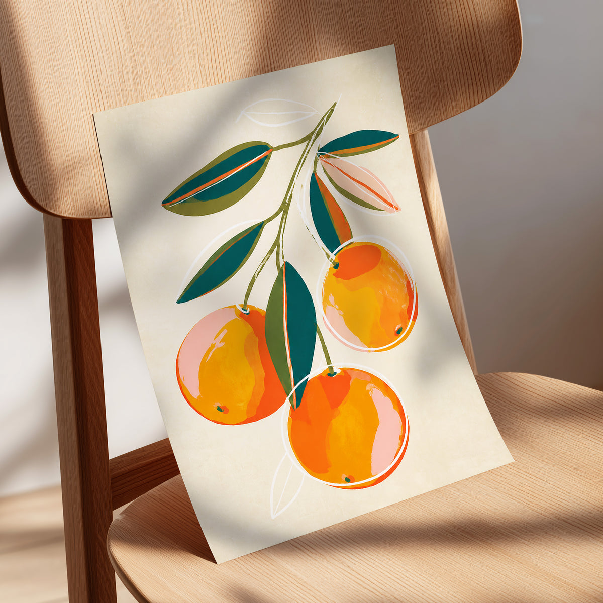 Citrus in Full Colour, orange, green, beige nature wall art displayed in a styled interior, gallery view 5