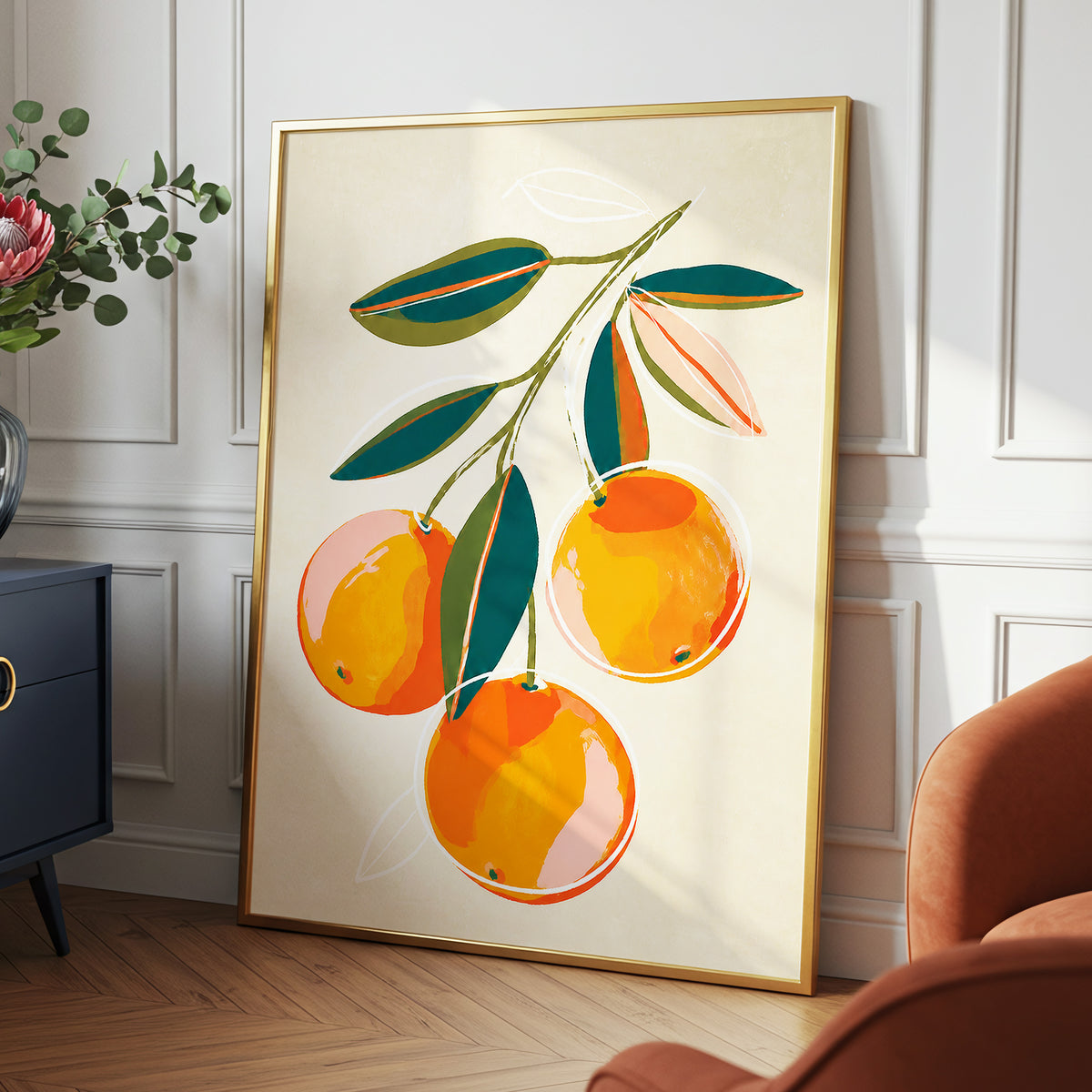 Citrus in Full Colour, orange, green, beige nature wall art displayed in a styled interior, gallery view 6