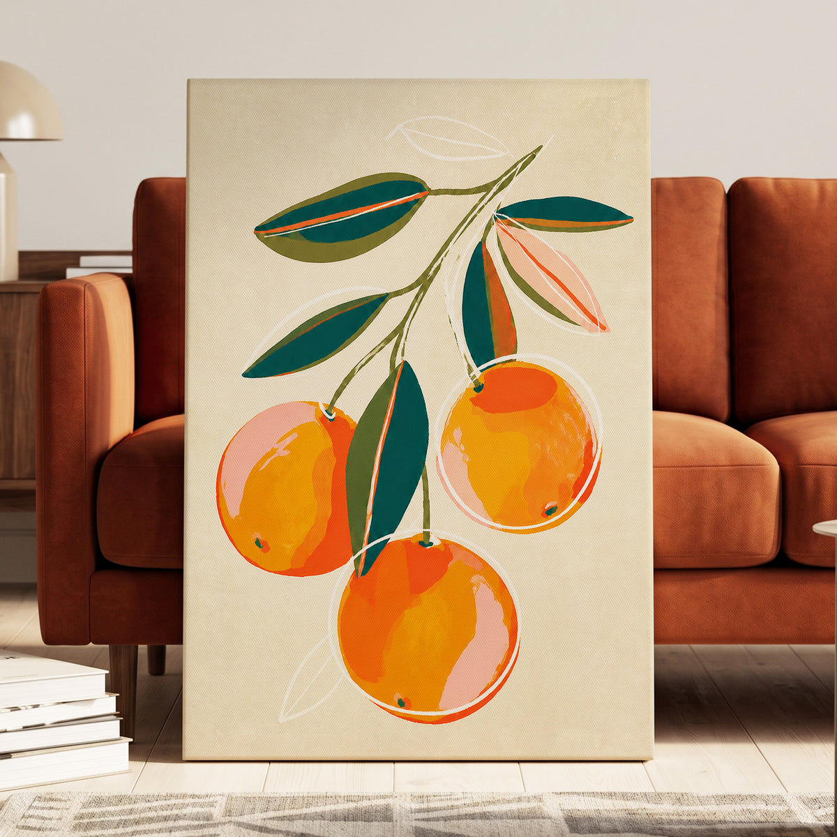 Citrus in Full Colour, orange, green, beige nature wall art displayed in a styled interior, gallery view 7