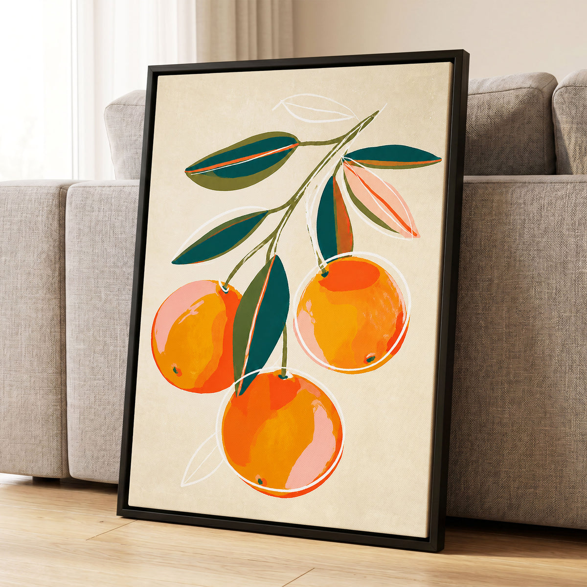 Citrus in Full Colour, orange, green, beige nature wall art displayed in a styled interior, gallery view 8