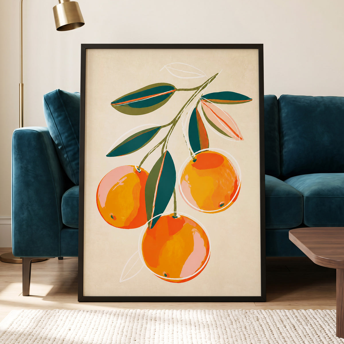 Citrus in Full Colour, orange, green, beige nature wall art displayed in a styled interior, gallery view 9
