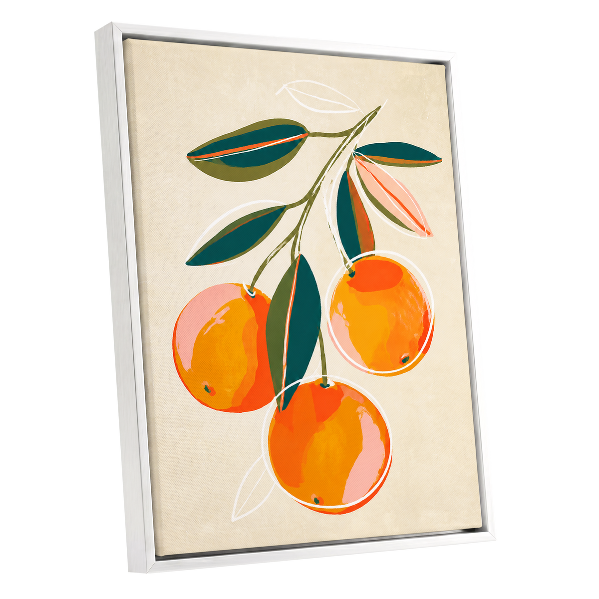 Citrus in Full Colour, orange, green, beige nature wall art shown as a white framed canvas wall art
