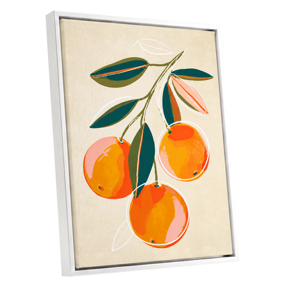 Citrus in Full Colour, orange, green, beige nature wall art shown as a white framed canvas wall art