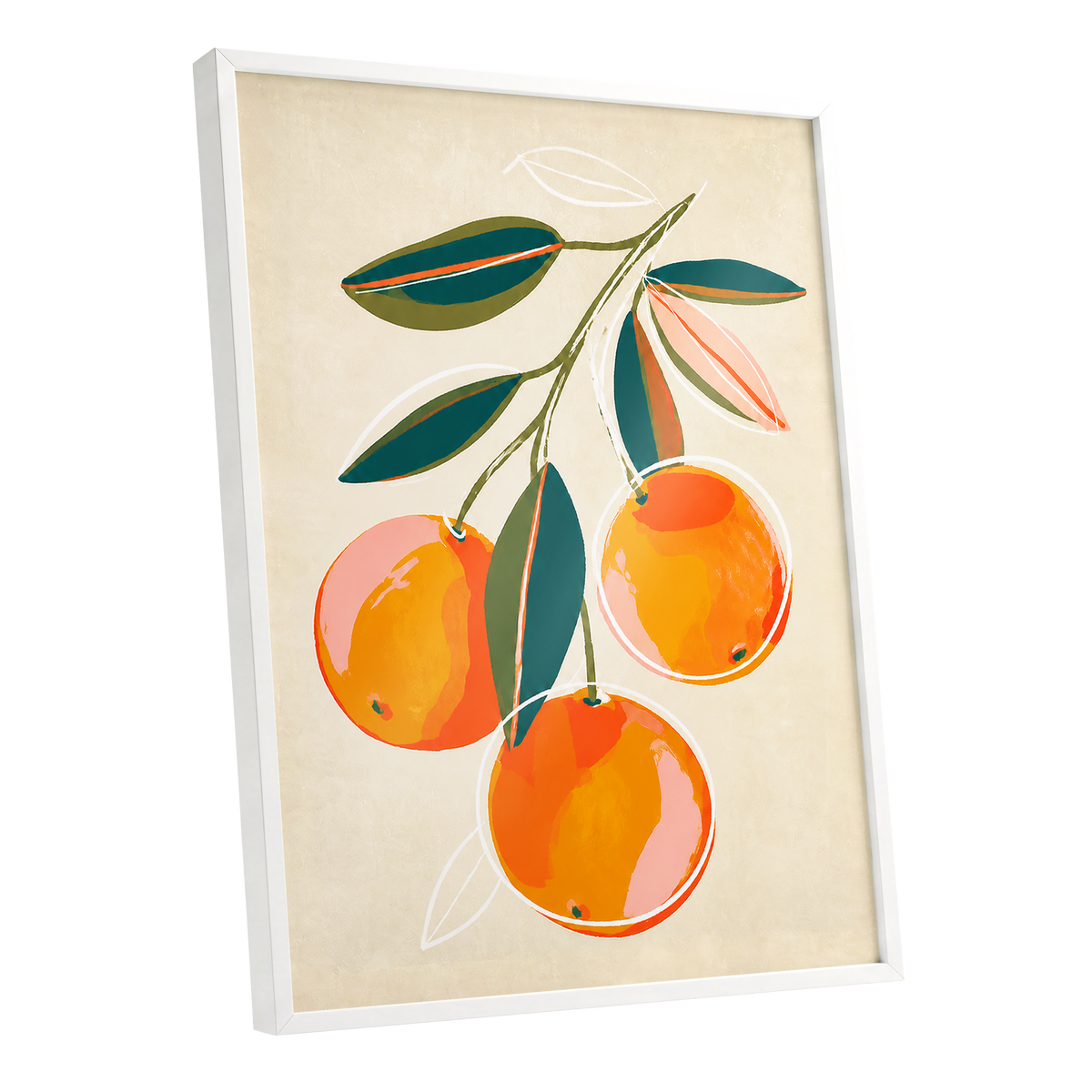 Citrus in Full Colour, orange, green, beige nature wall art shown as a white framed poster wall art print