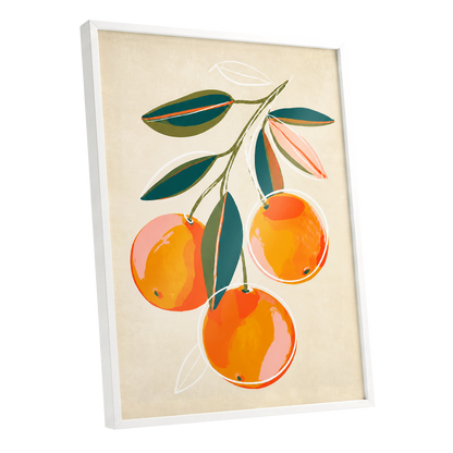 Citrus in Full Colour, orange, green, beige nature wall art shown as a white framed poster wall art print