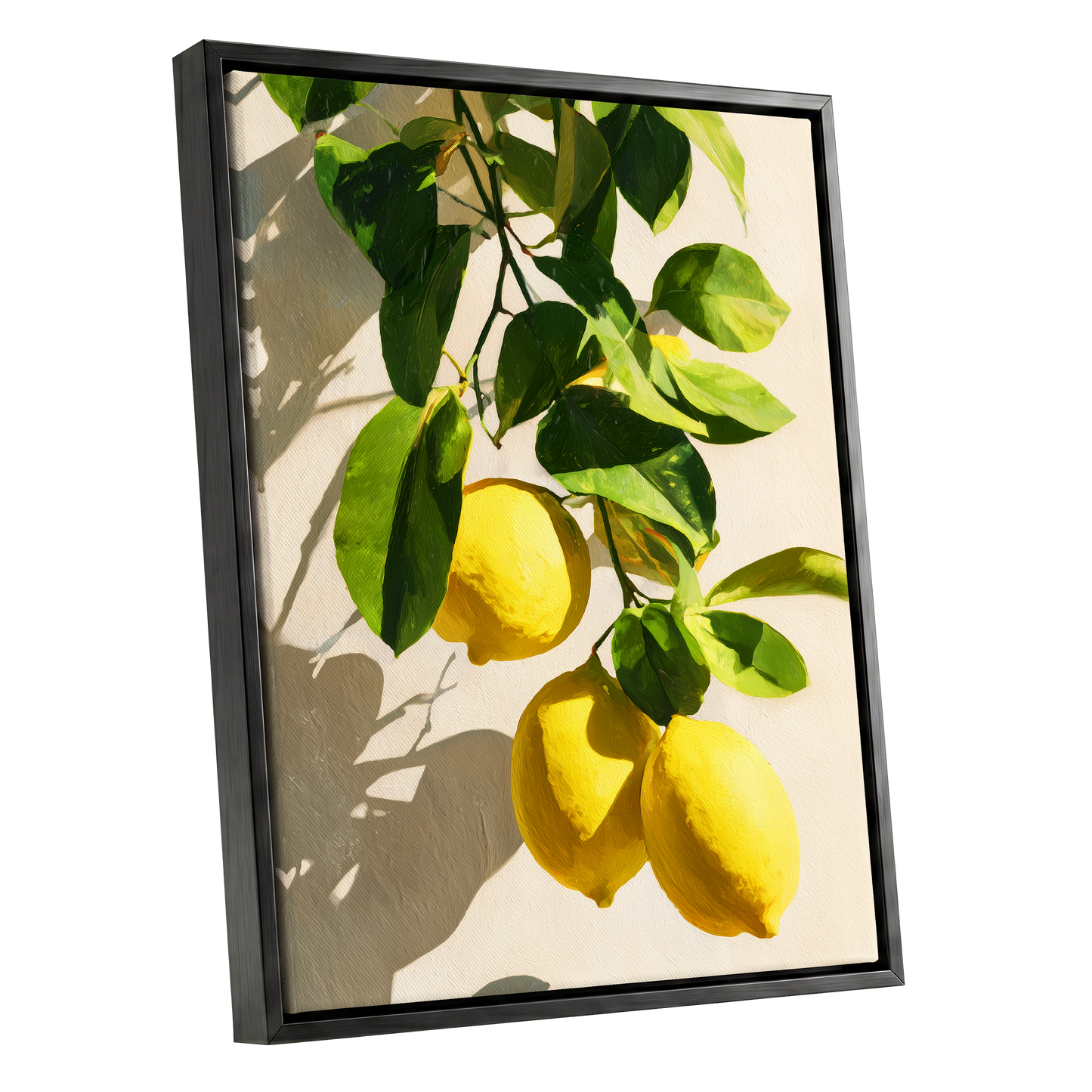 Citrus in High Summer, green, yellow, beige nature wall art shown as a black framed canvas wall art