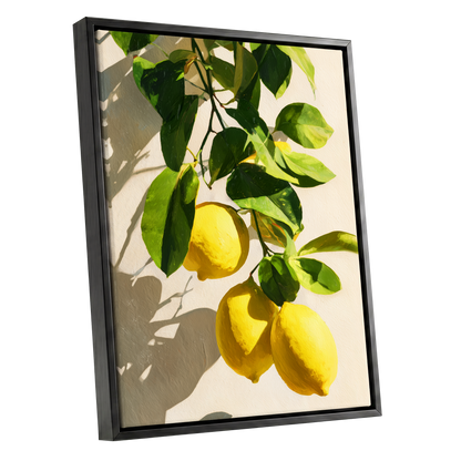 Citrus in High Summer, green, yellow, beige nature wall art shown as a black framed canvas wall art