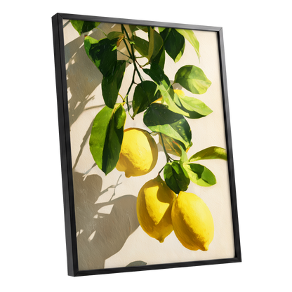 Citrus in High Summer, green, yellow, beige nature wall art shown as a black framed poster wall art print