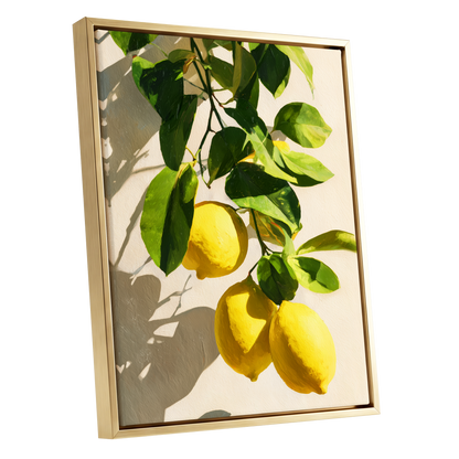 Citrus in High Summer, green, yellow, beige nature wall art shown as a gold framed canvas wall art