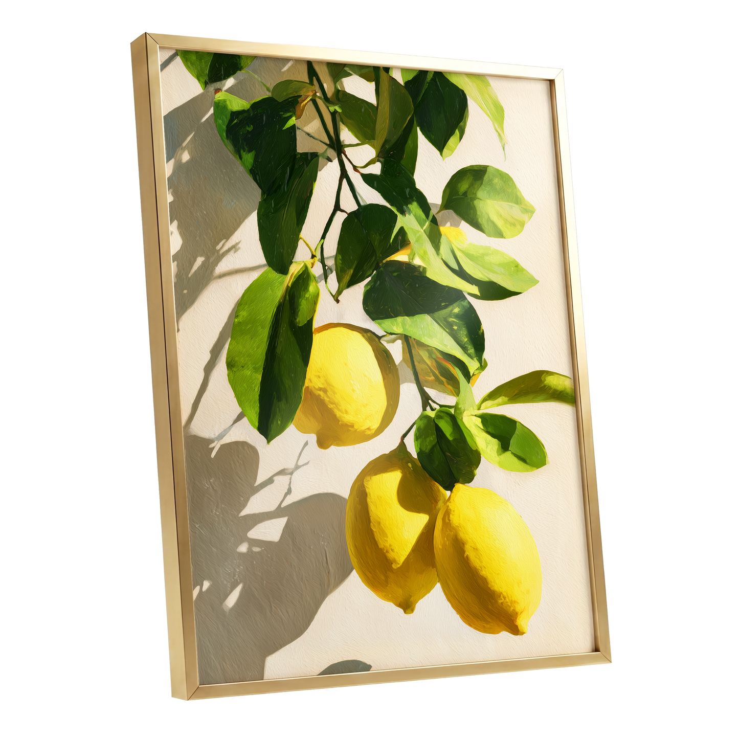 Citrus in High Summer, green, yellow, beige nature wall art shown as a gold framed poster wall art print