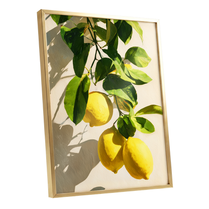 Citrus in High Summer, green, yellow, beige nature wall art shown as a gold framed poster wall art print