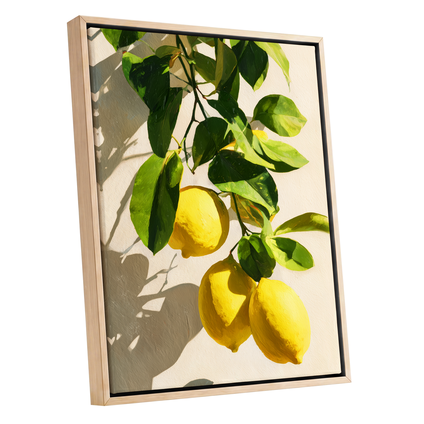 Citrus in High Summer, green, yellow, beige nature wall art shown as a oak framed canvas wall art