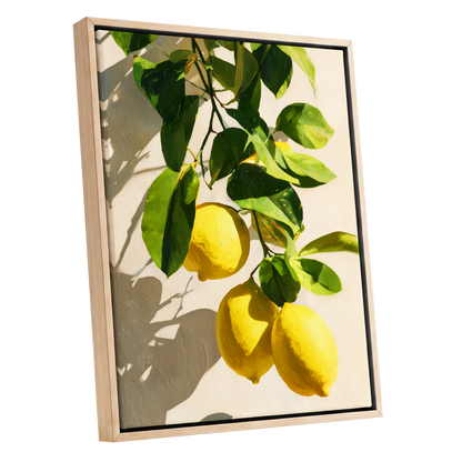Citrus in High Summer, green, yellow, beige nature wall art shown as a oak framed canvas wall art