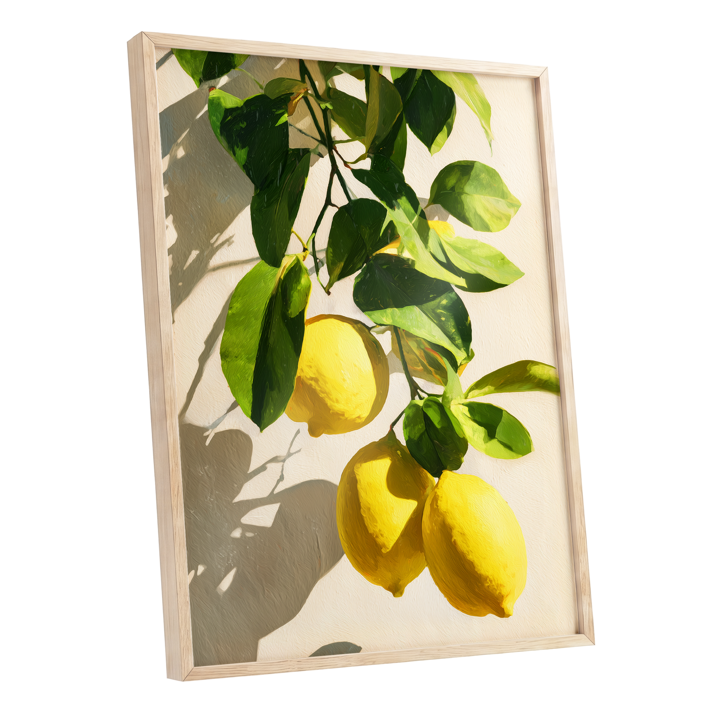 Citrus in High Summer, green, yellow, beige nature wall art shown as a oak framed poster wall art print